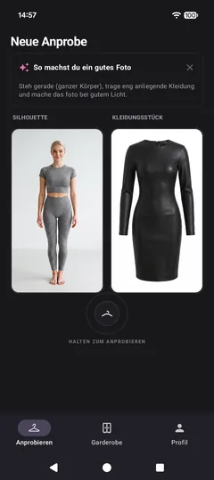 App-Bildschirm: Foto und ausgewähltes Outfit